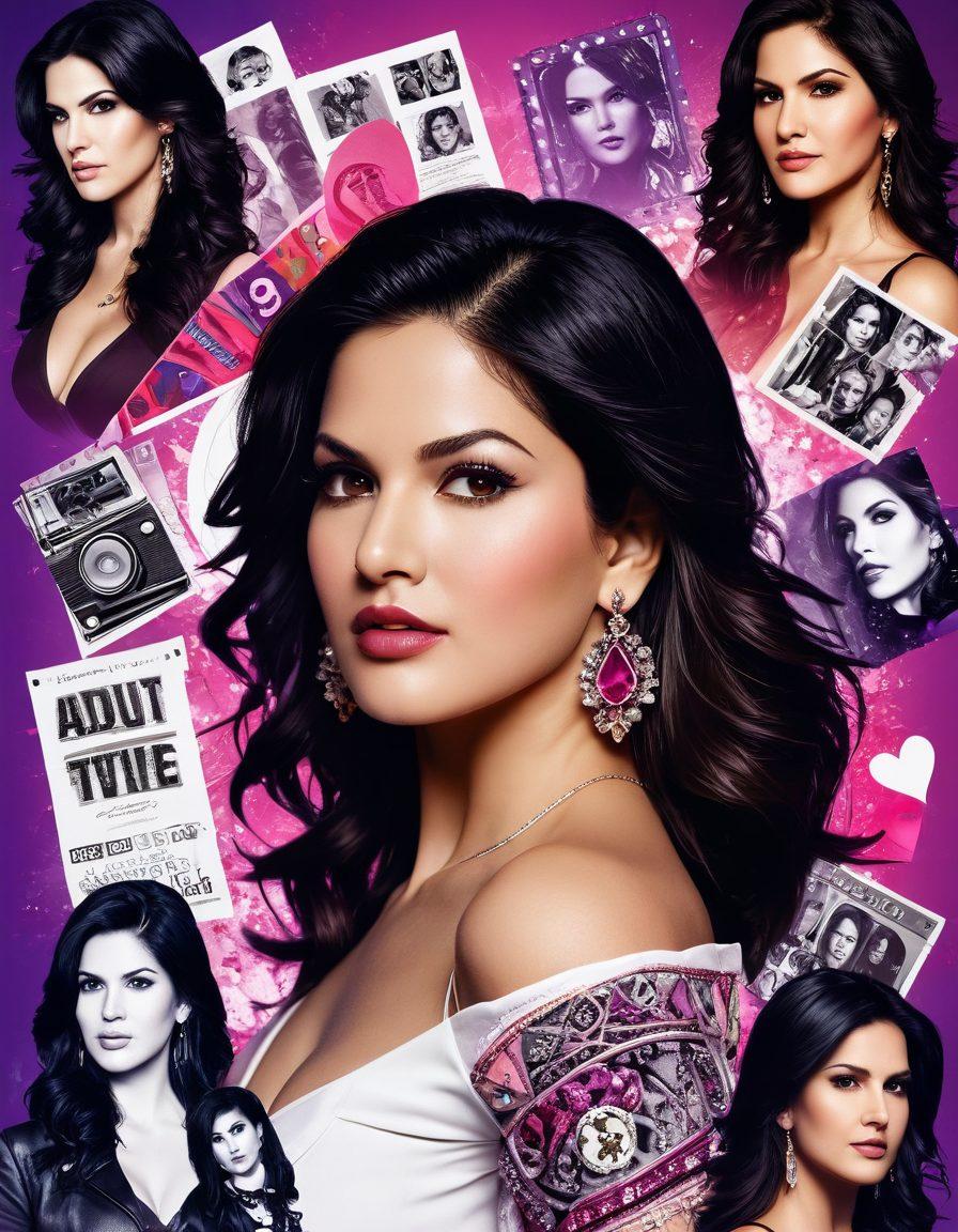 A dynamic collage featuring a glamorous celebrity portrait of Sunny Leone, juxtaposed with elements representing different facets of adult entertainment like film reels and classroom tools for sensual education. Integrate playful and provocative symbols like hearts and question marks, while maintaining an elegant and artistic touch. The background should be a gradient merging vibrant colors of purple and pink for an inviting yet bold atmosphere. super-realistic. vibrant colors. white background.